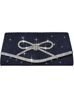 〽️ Women's Bow Navy Blue Glitter Rhinestone Clutch Purse Chain Strap Evening Bag